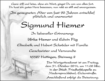 Traueranzeige von Sigmund Hiemer von Tageszeitung