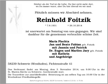 Traueranzeige von Reinhold Foitzik von Tageszeitung