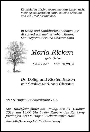 Traueranzeige von Maria  Ricken  von Tageszeitung