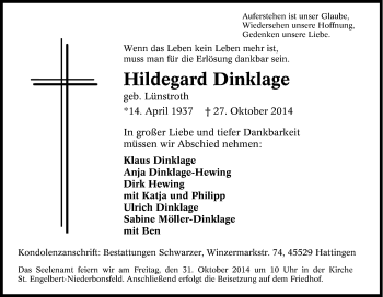 Traueranzeige von Hildegard Dinklage von Tageszeitung