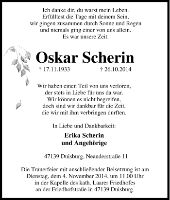 Traueranzeige von Oskar Scherin von Tageszeitung