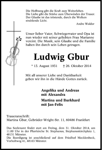 Traueranzeige von Ludwig Gbur von Tageszeitung
