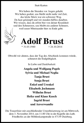 Traueranzeige von Adolf Brust von Tageszeitung