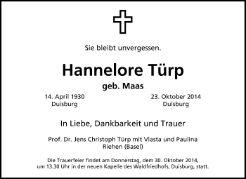 Traueranzeige von Hannelore Türp von Tageszeitung