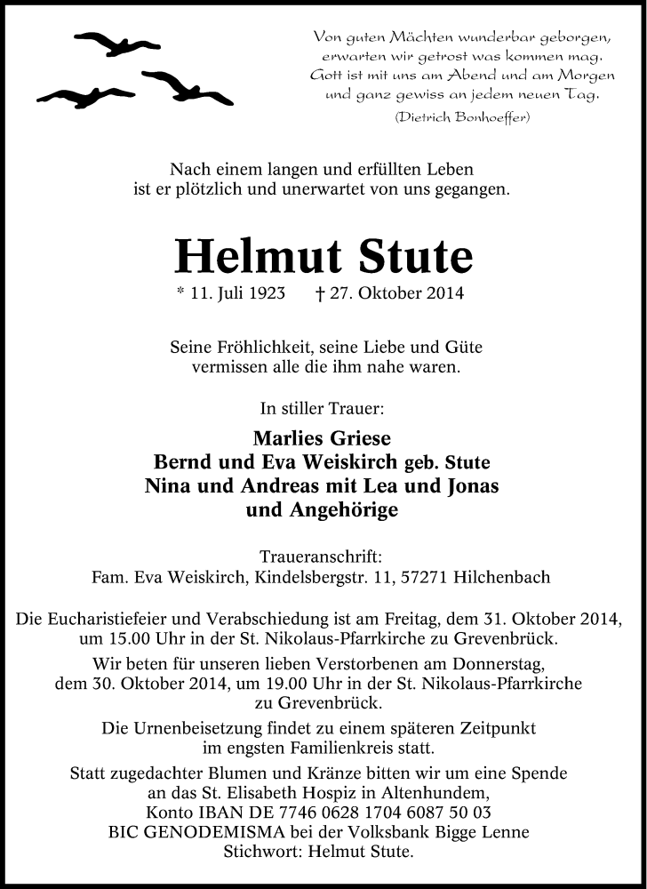  Traueranzeige für Helmut Stute vom 29.10.2014 aus Tageszeitung