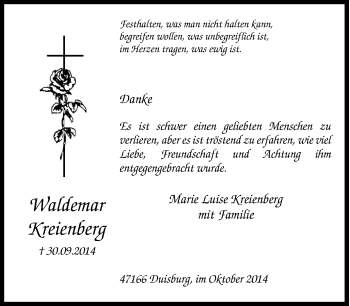 Traueranzeige von Waldemar Kreienberg von Tageszeitung