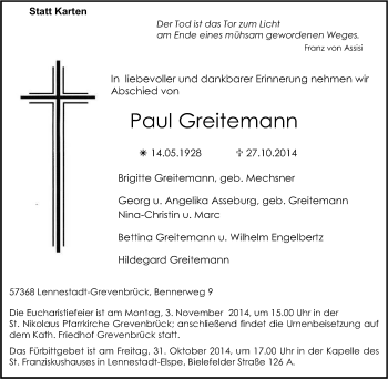 Traueranzeige von Paul Greitemann von Tageszeitung