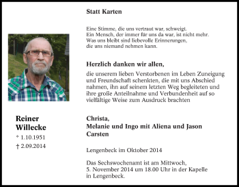 Traueranzeige von Reiner Willecke von Tageszeitung
