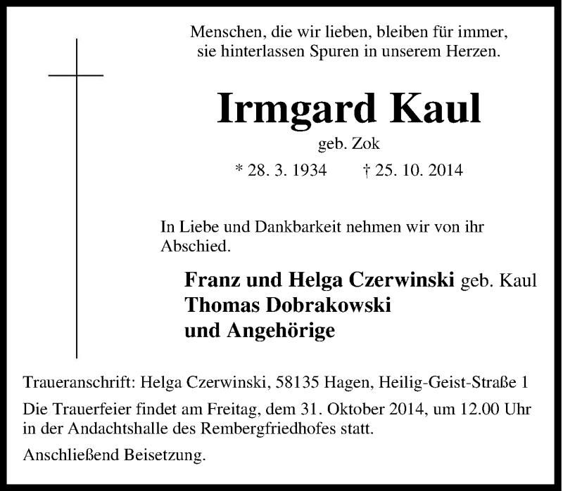  Traueranzeige für Irmgard Kaul vom 29.10.2014 aus Tageszeitung