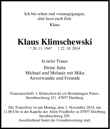Traueranzeige von Klaus  Klimschewski  von Tageszeitung