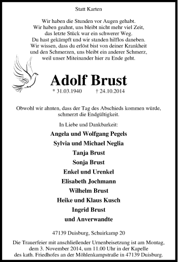 Traueranzeige von Adolf Brust von Tageszeitung