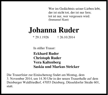 Traueranzeige von Johanna  Ruder von Tageszeitung