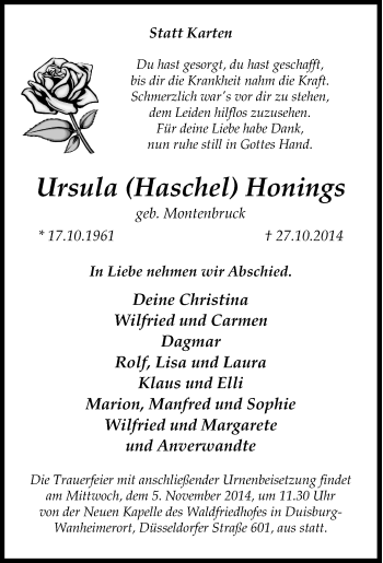 Traueranzeige von Ursula Honings von Tageszeitung