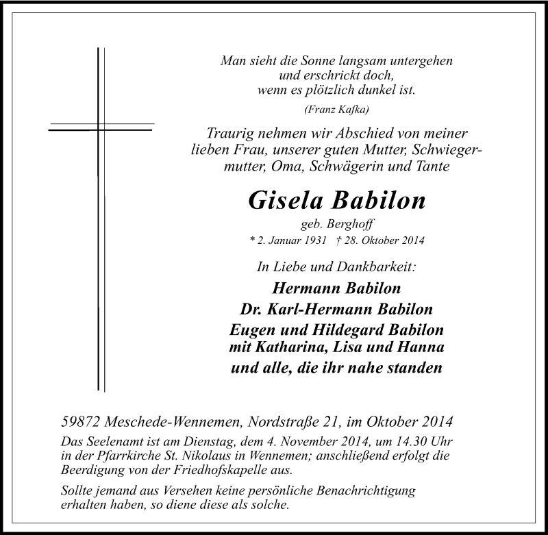  Traueranzeige für Gisela Babilon vom 31.10.2014 aus Tageszeitung
