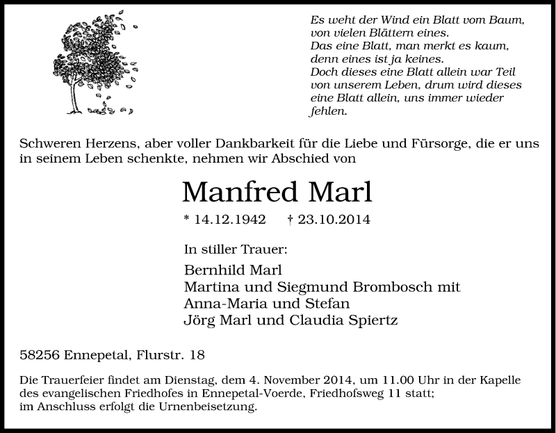 Traueranzeigen von Manfred Marl | Trauer-in-NRW.de