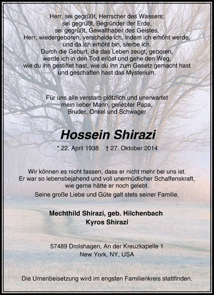  Traueranzeige für Hossein Shirazi vom 30.10.2014 aus Tageszeitung