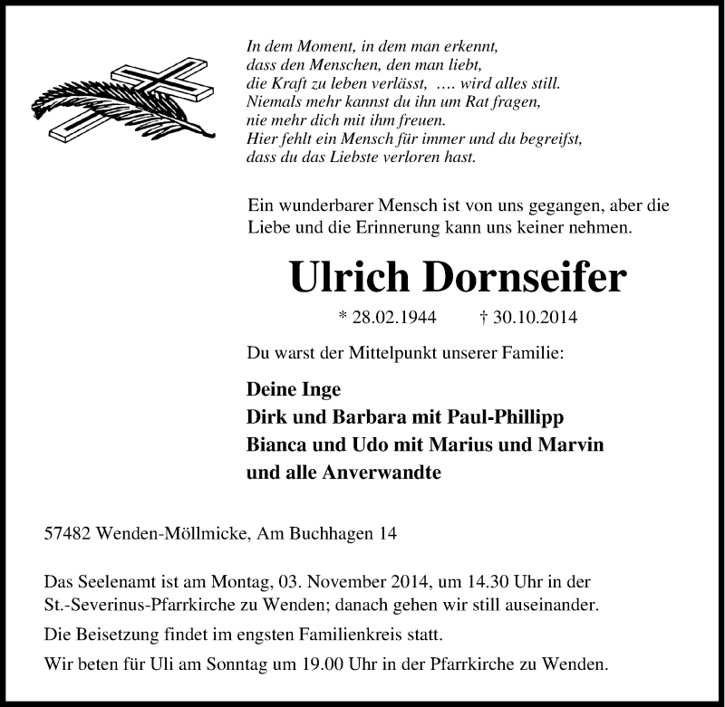  Traueranzeige für Ulrich Dornseifer vom 31.10.2014 aus Tageszeitung