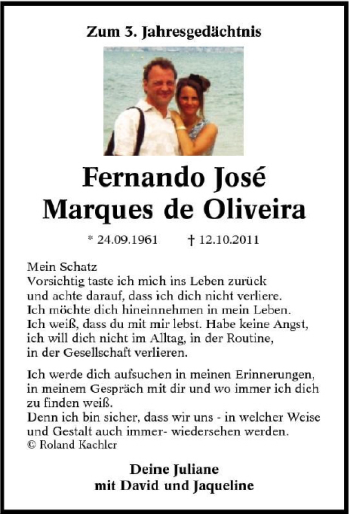 Traueranzeige von Fernando José Marques de Oliveira von Tageszeitung