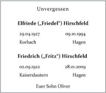 Traueranzeige von Elfriede und Friedrich Hirschfeld von Tageszeitung