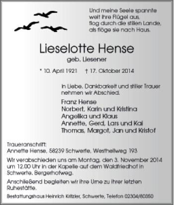 Traueranzeige von Lieselotte Hense von Tageszeitung