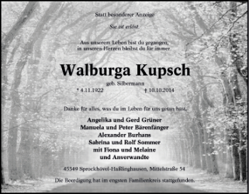 Traueranzeige von Walburga Kupsch von Tageszeitung