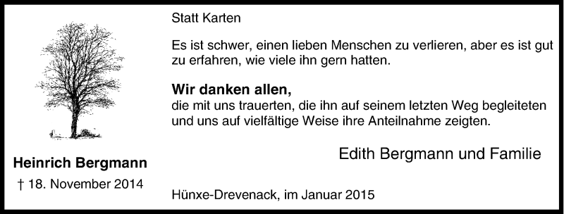  Traueranzeige für Heinrich Bergmann vom 21.11.2014 aus Tageszeitung