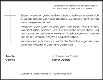 Traueranzeige von Renate Oberste von Tageszeitung