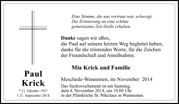 Traueranzeige von Paul Krick von Tageszeitung