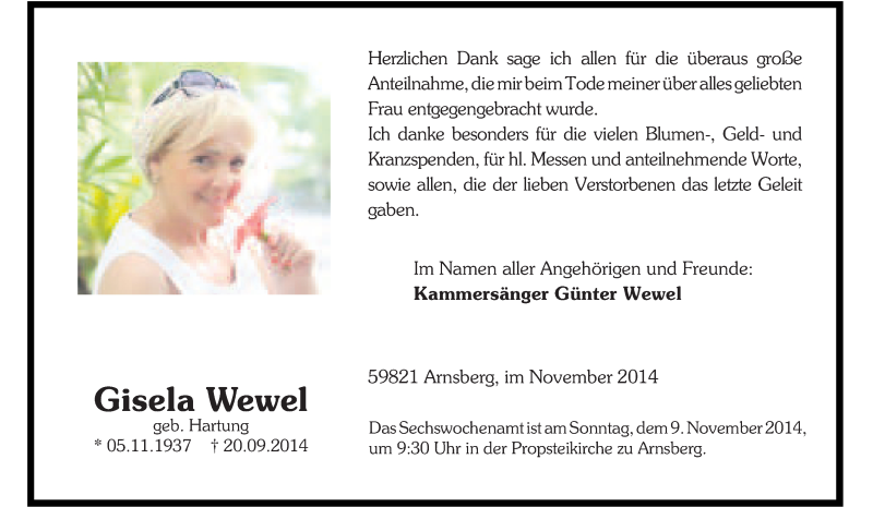  Traueranzeige für Gisela Wewel vom 01.11.2014 aus Tageszeitung