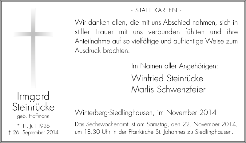  Traueranzeige für Irmgard Steinrücke vom 08.11.2014 aus Tageszeitung