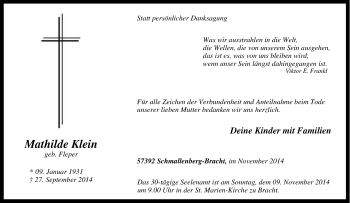 Traueranzeige von Mathilde Klein von Tageszeitung