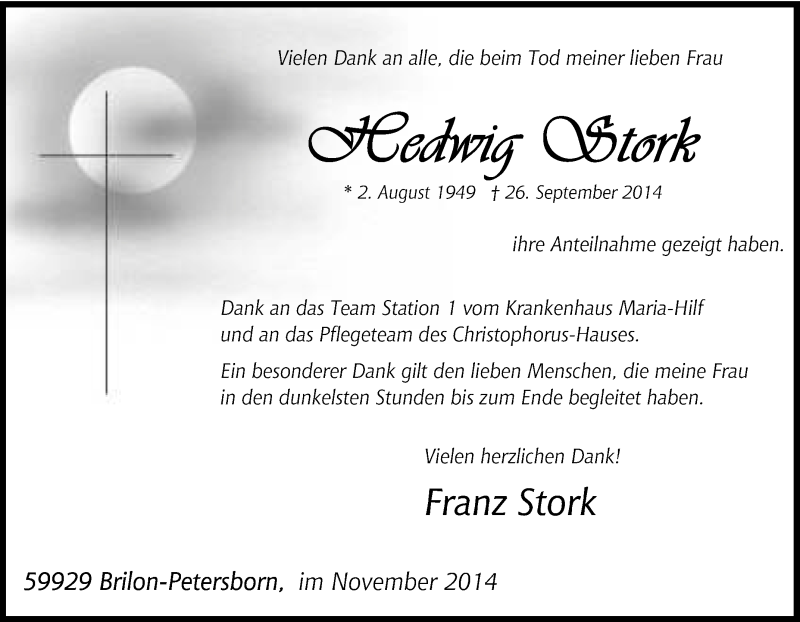  Traueranzeige für Hedwig Stork vom 20.11.2014 aus Tageszeitung