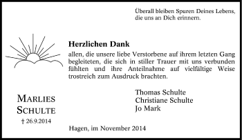 Traueranzeige von Marlies Schulte von Tageszeitung