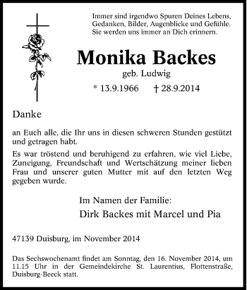 Traueranzeige von Monika Backes von Tageszeitung