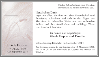 Traueranzeige von Erich Hoppe von Tageszeitung