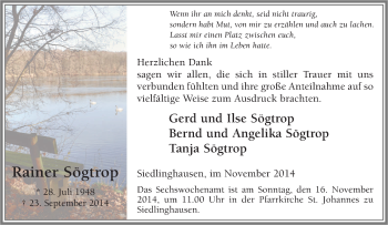 Traueranzeige von Rainer Sögtrop von Tageszeitung