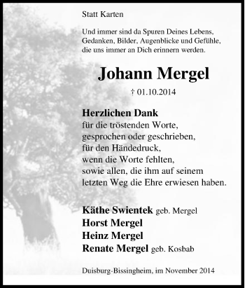 Traueranzeige von Johann Mergel von Tageszeitung