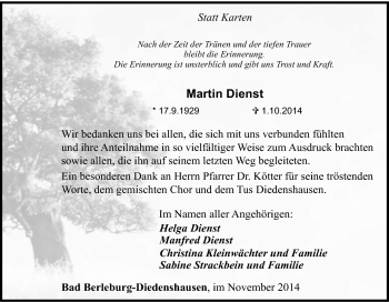 Traueranzeige von Martin Dienst von Tageszeitung