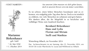 Traueranzeige von Marianne Birkenhauer von Tageszeitung