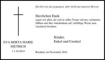 Traueranzeige von Eva Herta Marie  Dietrich von Tageszeitung