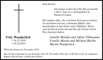 Traueranzeige von Fritz Wunderlich von Tageszeitung