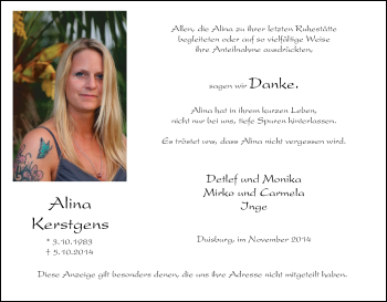 Traueranzeige von Alina Kerstgens von Tageszeitung