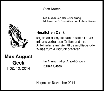 Traueranzeige von Max August Geck von Tageszeitung