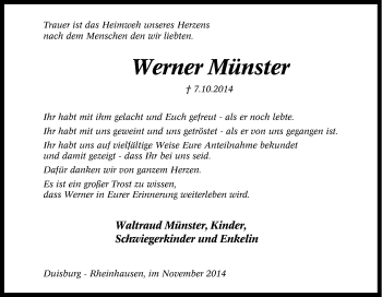 Traueranzeige von Werner Münster von Tageszeitung