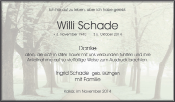 Traueranzeige von Willi Schade von Tageszeitung
