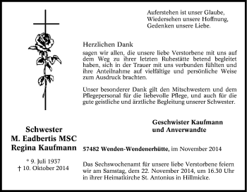 Traueranzeige von Regina Kaufmann von Tageszeitung