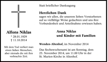 Traueranzeige von Alfons Niklas von Tageszeitung