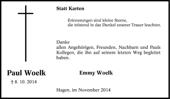 Traueranzeige von Paul Woelk von Tageszeitung