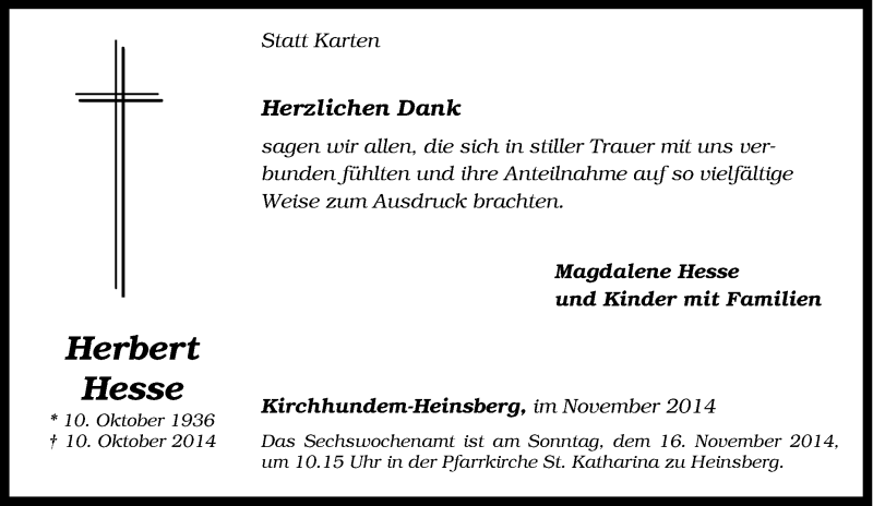  Traueranzeige für Herbert Hesse vom 11.11.2014 aus Tageszeitung