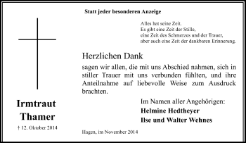 Traueranzeige von Irmtraut Thamer von Tageszeitung
